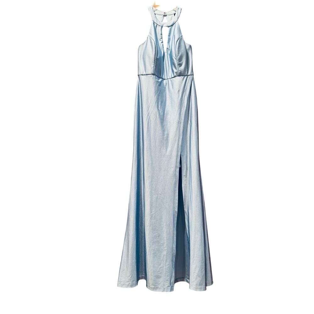 Morgan&Co Halter Gown Dress Juniors 5 light Blue Glitter 12835WM Small Prom *